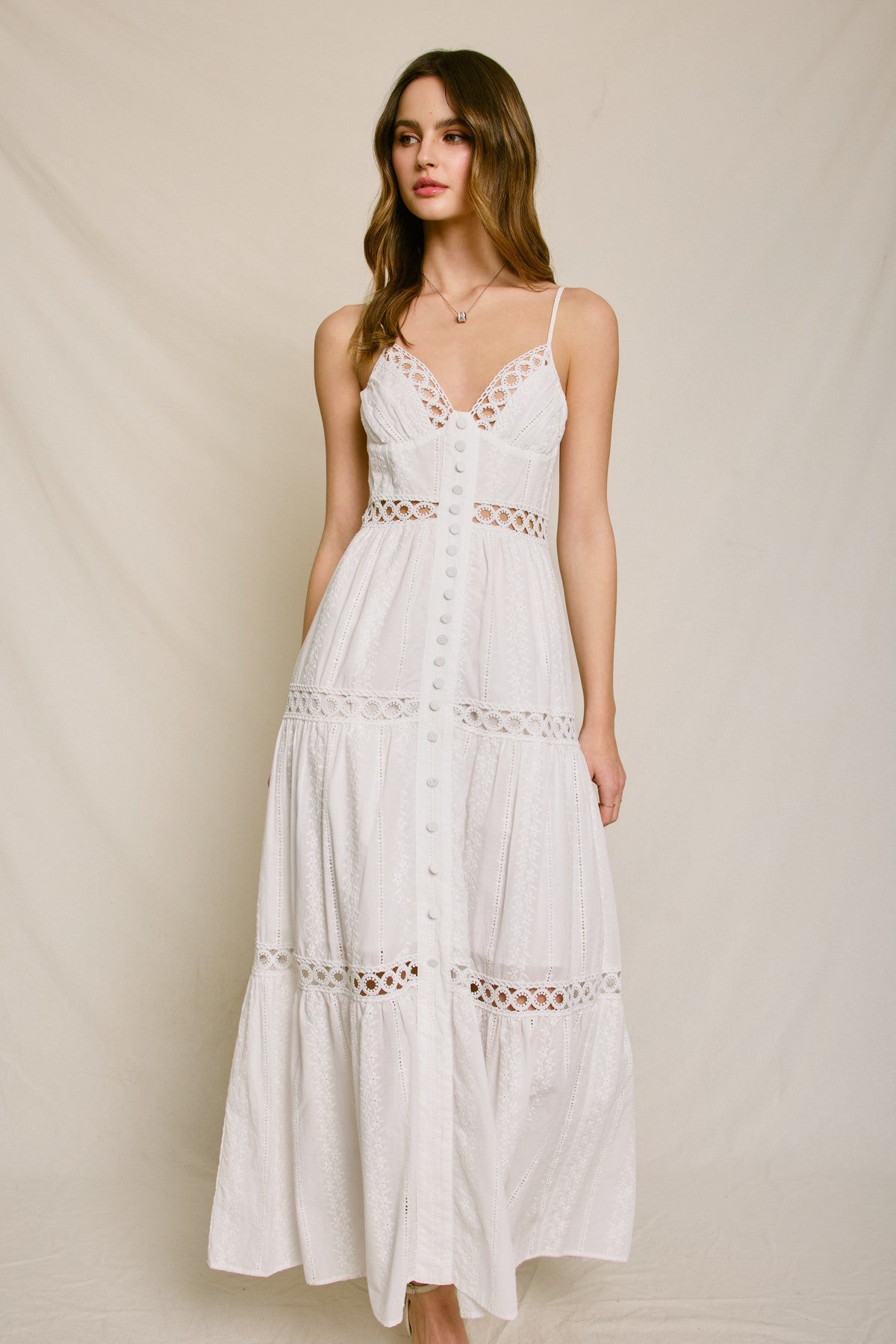 Eyelet lace detail maxi dress with tiered skirt