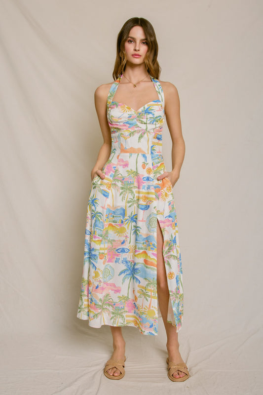 coastal pattern halter dress
