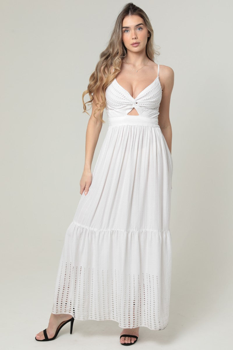 Eyelet Embroidered Twist Front Cut Out Maxi Dress