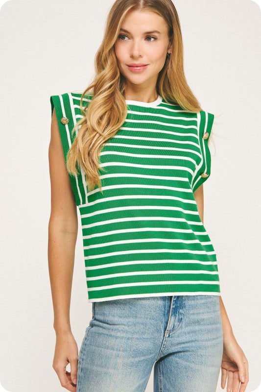 sleeveless striped knit top with ribbed crew neckline and subtle shoulder button accents