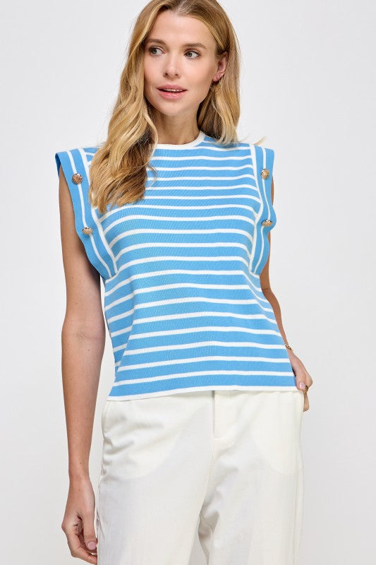 sleeveless striped knit top with ribbed crew neckline and subtle shoulder button accents