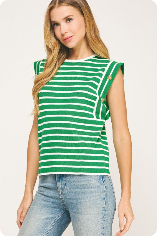 sleeveless striped knit top with ribbed crew neckline and subtle shoulder button accents