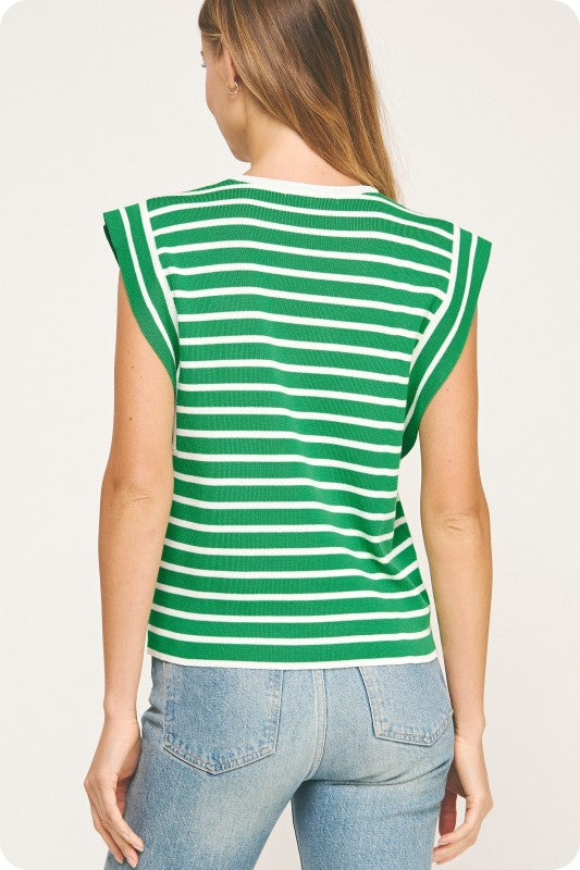 sleeveless striped knit top with ribbed crew neckline and subtle shoulder button accents