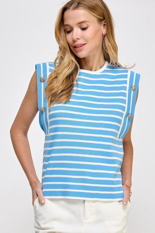 sleeveless striped knit top with ribbed crew neckline and subtle shoulder button accents