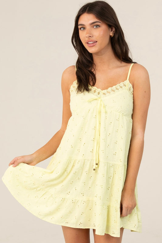 EYELET EMBROIDERED LACE TRIM TIERED SUNDRESS