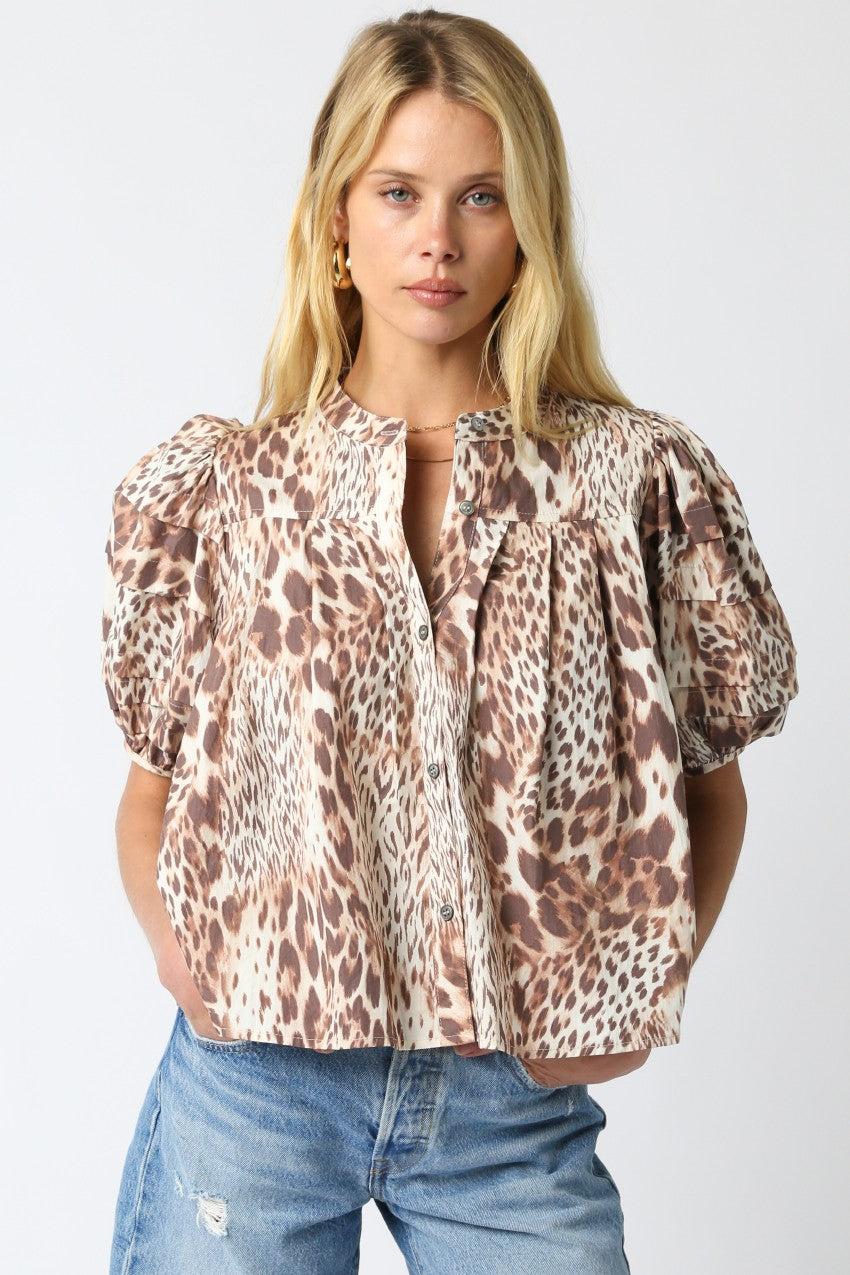 Women’s cotton leopard button-down blouse