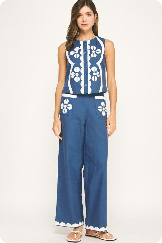 sleeveless cotton twill vest top with intricate geometric scallop embroidery, button-down front