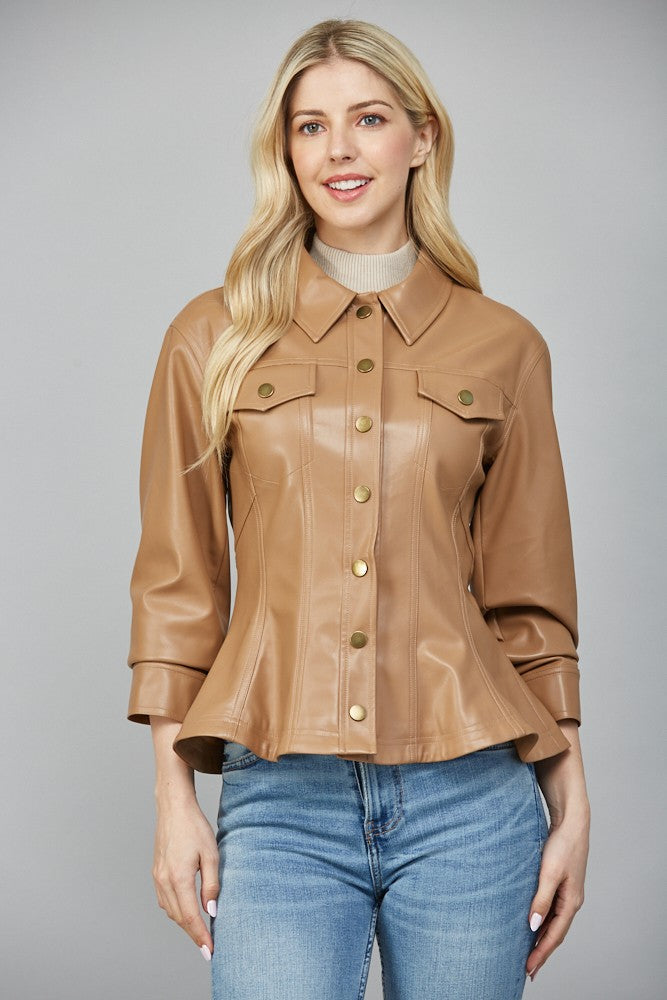 Sleek and striking, the Leona peplum jacket defines your shape with cinched sleeves and a modern faux leather finish.