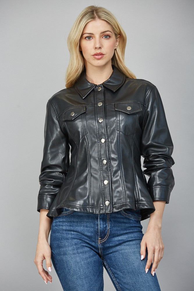 Sleek and striking, the Leona peplum jacket defines your shape with cinched sleeves and a modern faux leather finish.