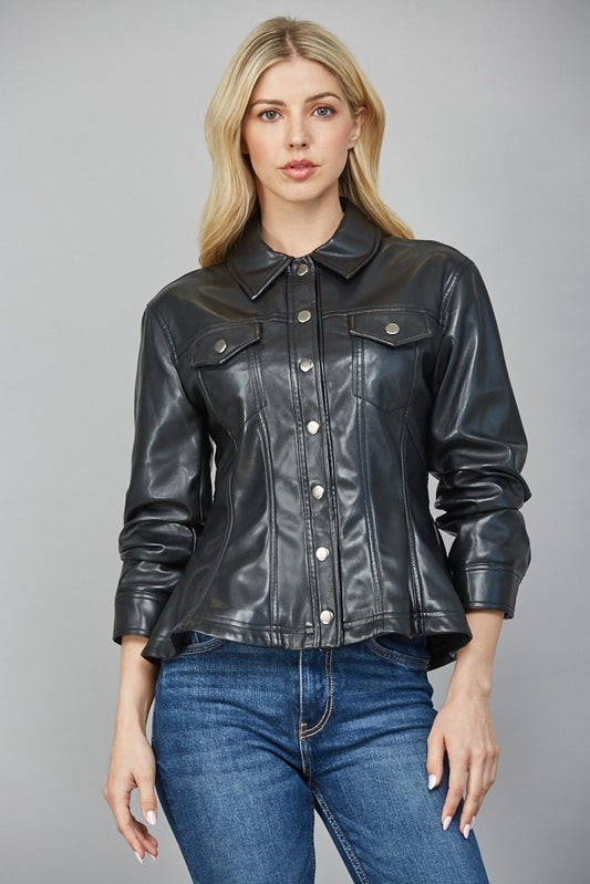 Sleek and striking, the Leona peplum jacket defines your shape with cinched sleeves and a modern faux leather finish.
