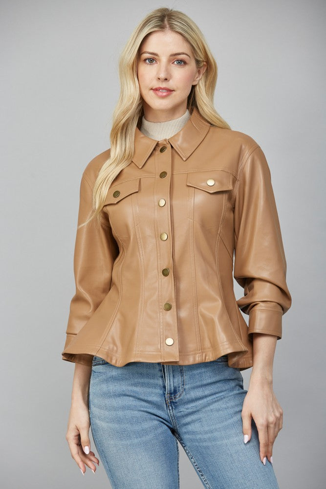 Sleek and striking, the Leona peplum jacket defines your shape with cinched sleeves and a modern faux leather finish.