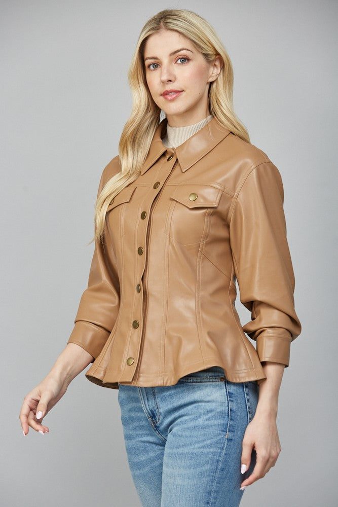Sleek and striking, the Leona peplum jacket defines your shape with cinched sleeves and a modern faux leather finish.