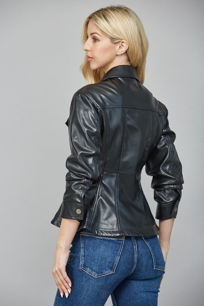 Sleek and striking, the Leona peplum jacket defines your shape with cinched sleeves and a modern faux leather finish.