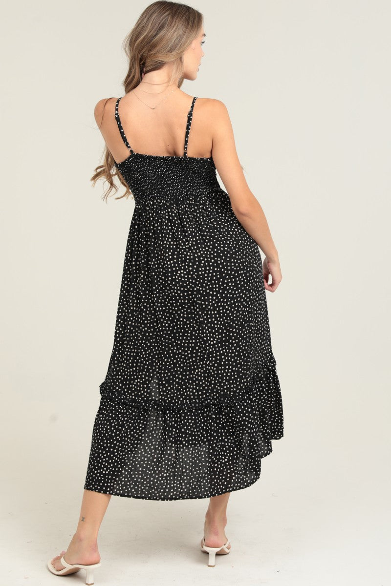 Polka Dot Lace Trim Side Slit Maxi Dress