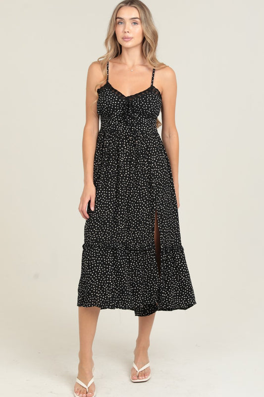 Polka Dot Lace Trim Side Slit Maxi Dress