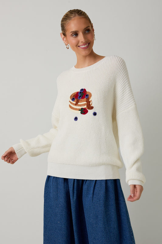 Round Neck Long Sleeve Pancake Applique Sweater