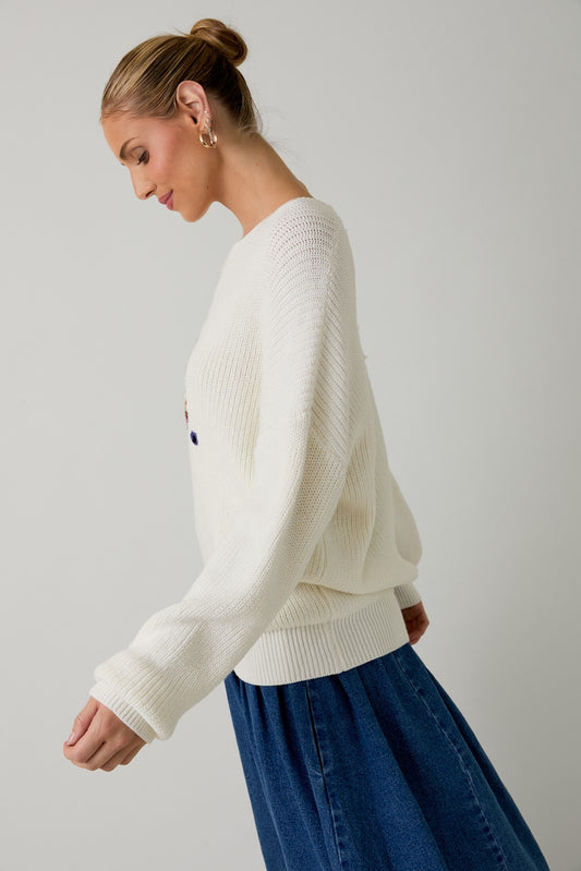 Round Neck Long Sleeve Pancake Applique Sweater