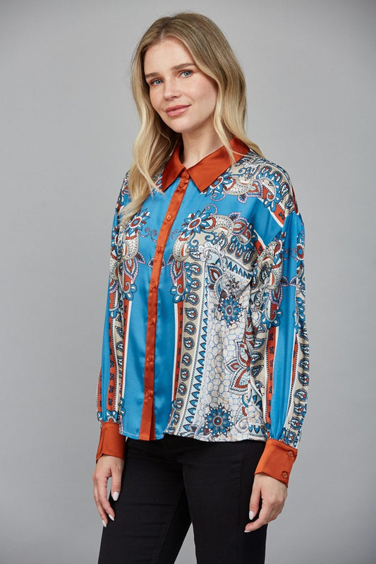 Women’s long sleeve scarf-print button-down blouse with silky finish.