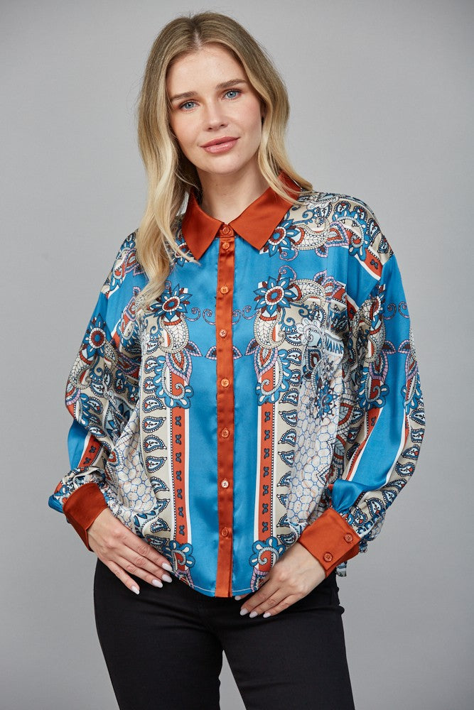 Women’s long sleeve scarf-print button-down blouse with silky finish.