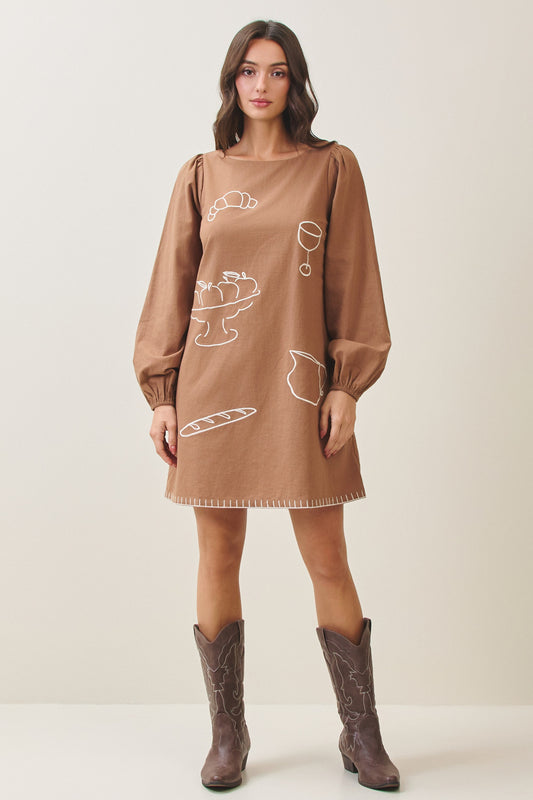 100% cotton embroidered mini dress featuring long volume sleeves, decorative whipstitch detailing, and a relaxed feminine silhouette.