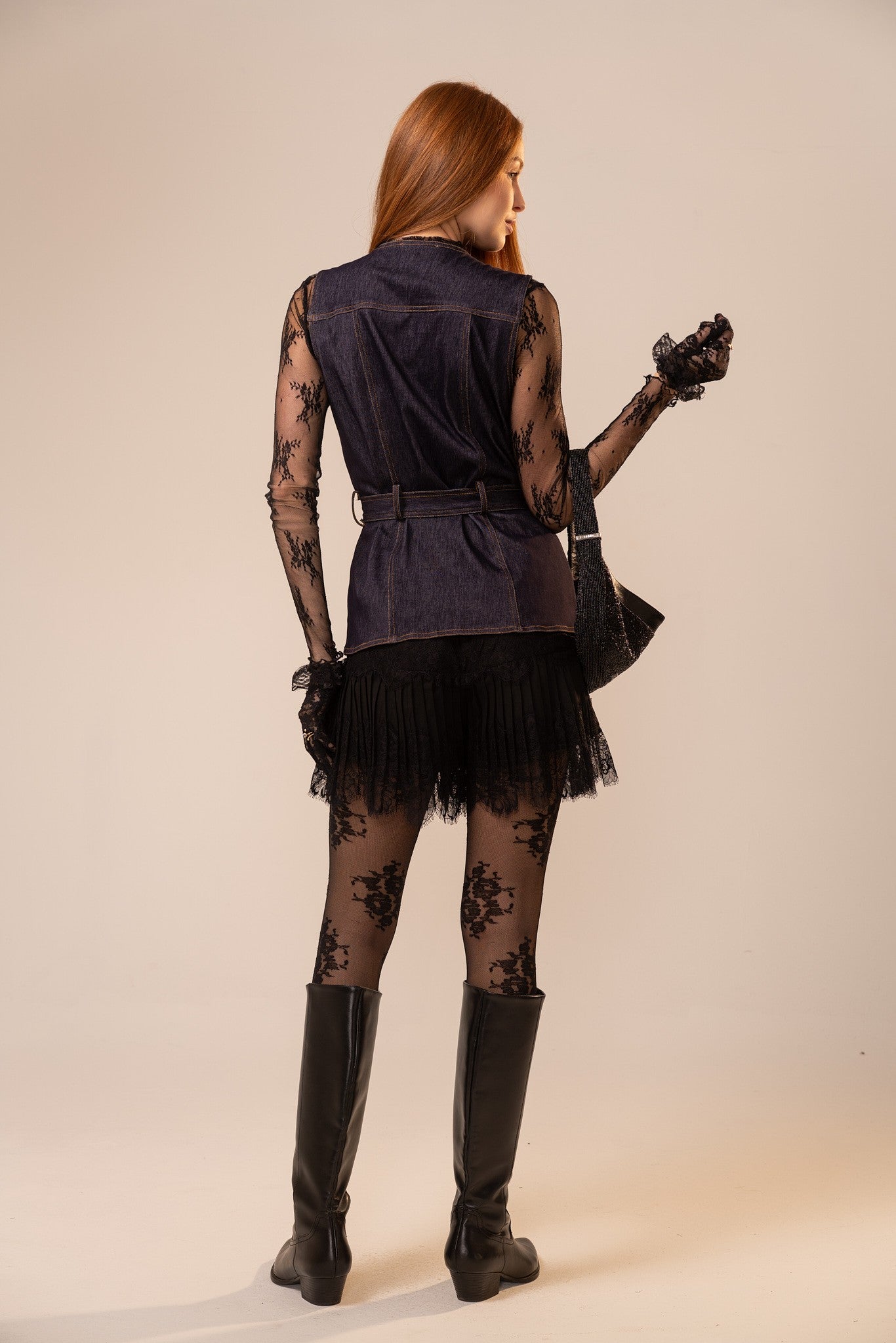 Women’s stretch twill denim vest with belted waist