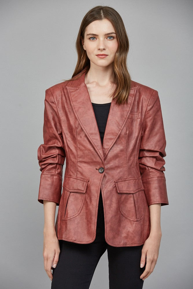 Vivian Scrunched Sleeve Faux Leather Blazer