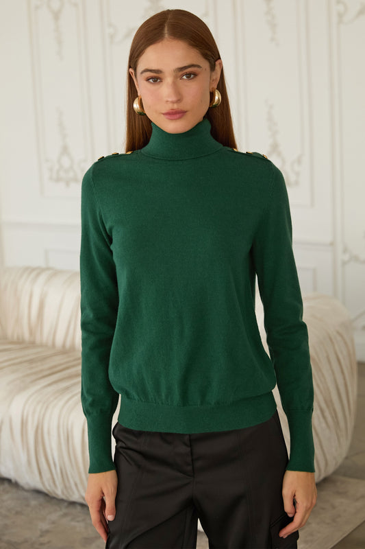 A chic turtleneck sweater with button accents for timeless elegance and cozy style.