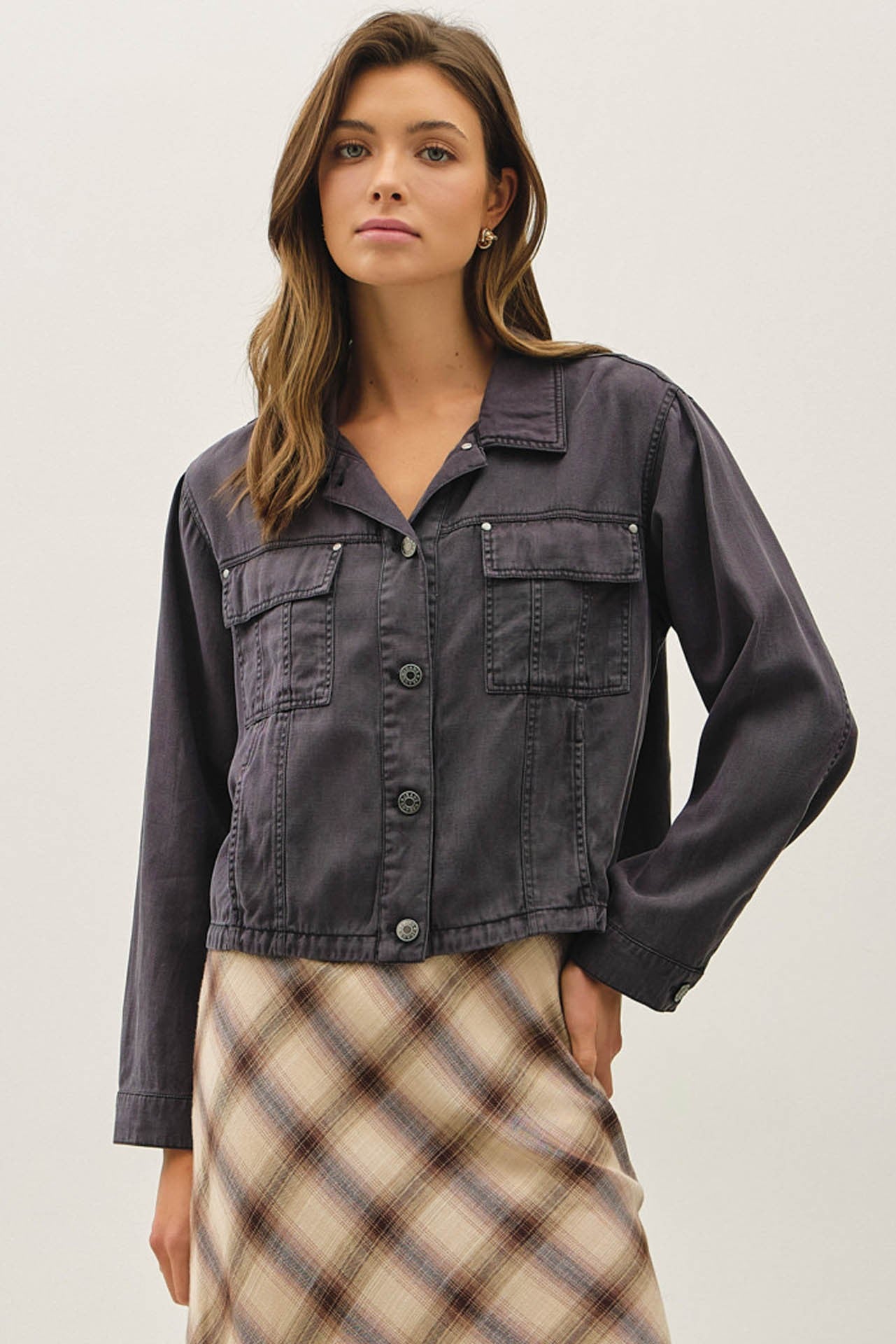 Soft, modern, and versatile—the Sylvie shacket offers a denim-inspired look with an ultra-comfortable feel.