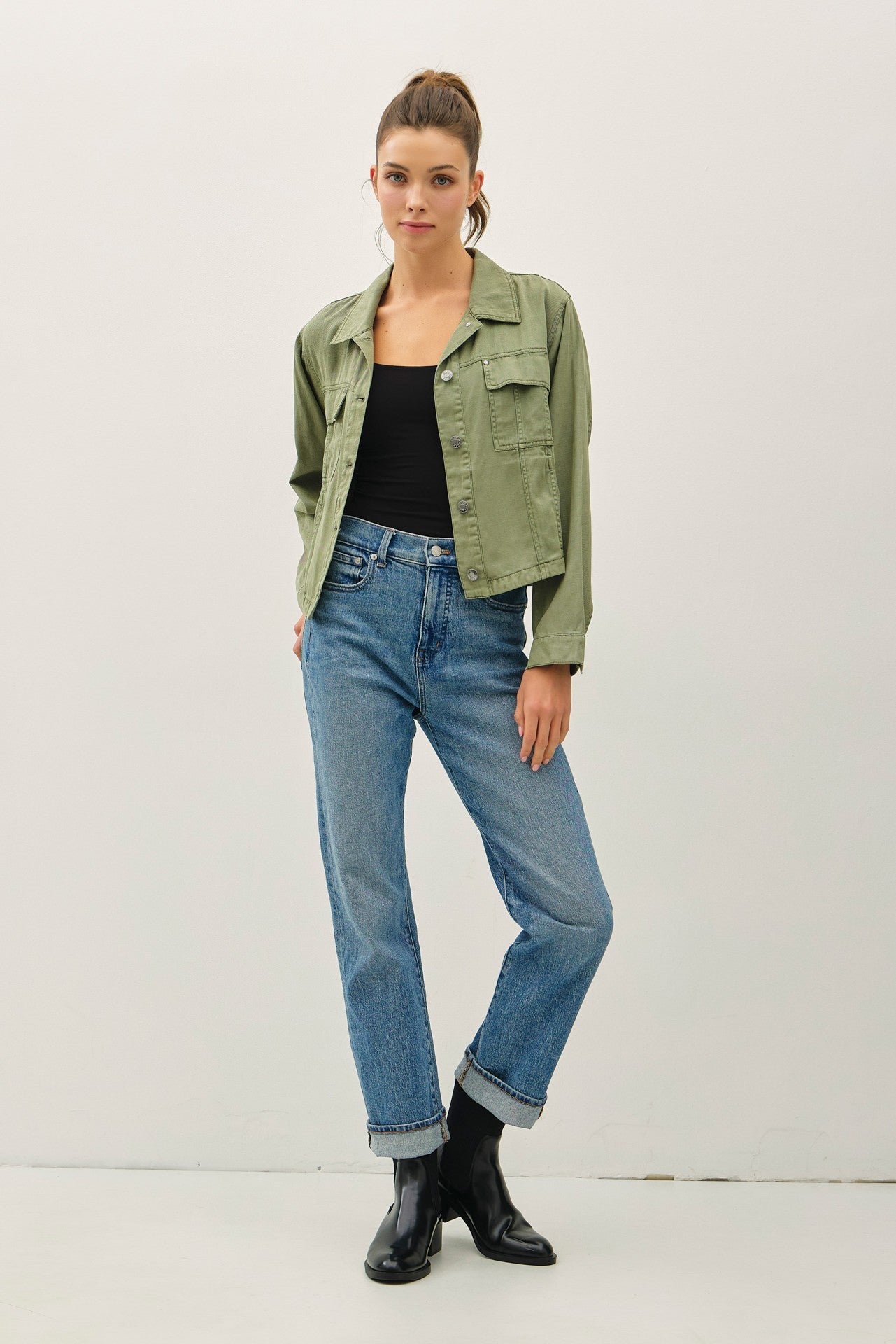 Soft, modern, and versatile—the Sylvie shacket offers a denim-inspired look with an ultra-comfortable feel.