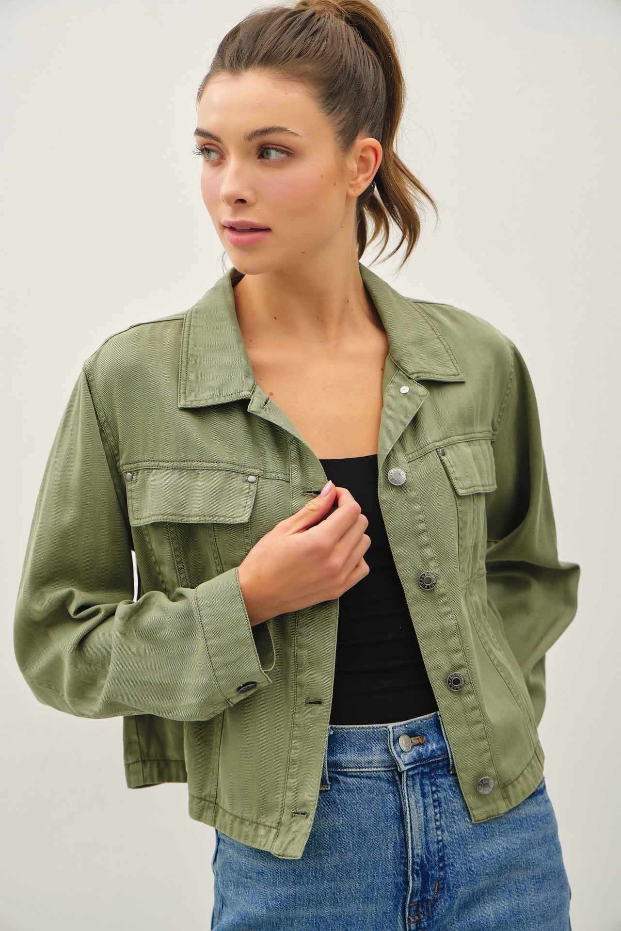 Soft, modern, and versatile—the Sylvie shacket offers a denim-inspired look with an ultra-comfortable feel.