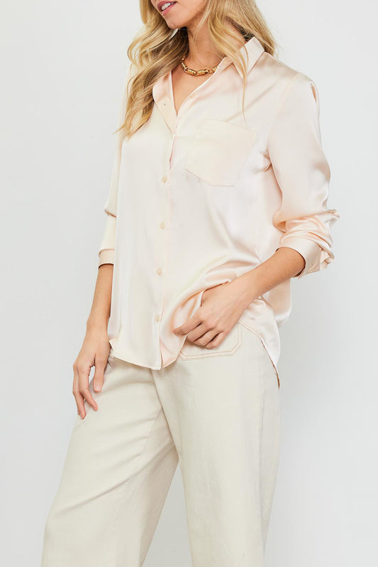 Long sleeve satin button down shirt with chest pocket