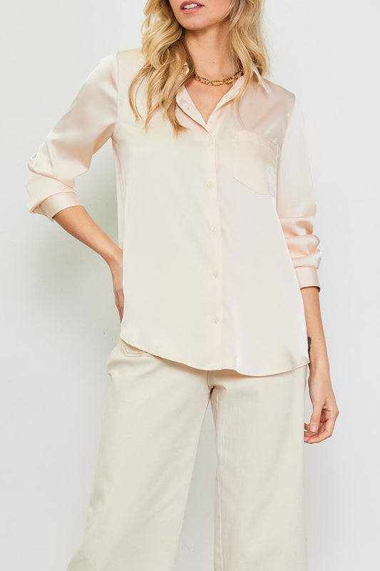 Long sleeve satin button down shirt with chest pocket