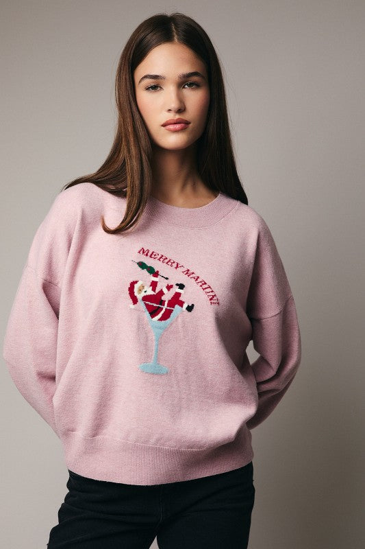 The Clarimond “Merry Martini” Sweater serves up festive cheer with playful holiday flair.
