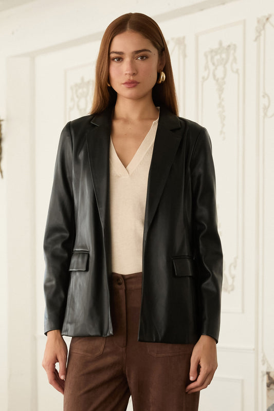The Vivienne blazer brings sleek sophistication with its supple faux leather and modern open-front design.