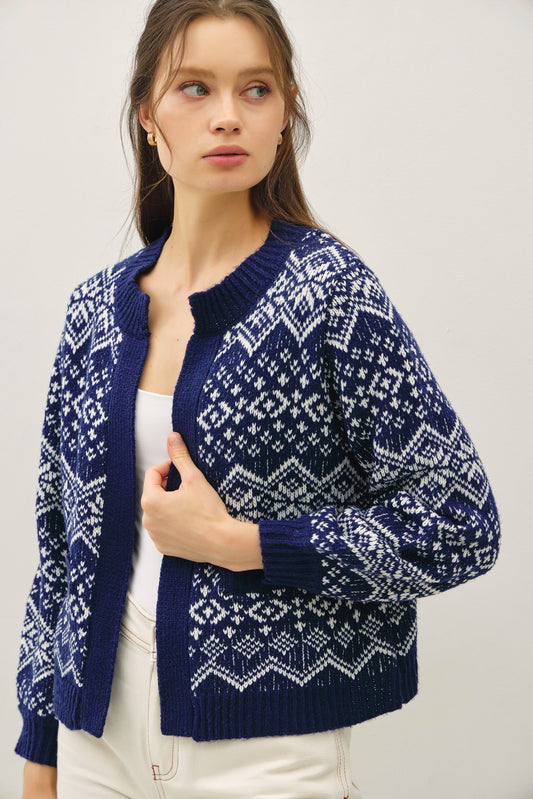 A timeless Fair Isle cardigan designed for cozy, classic holiday style.