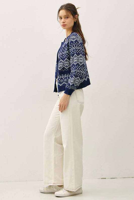 A timeless Fair Isle cardigan designed for cozy, classic holiday style.