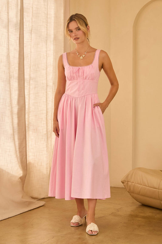 Sleeveless square neck midi dress with princess-waist seam