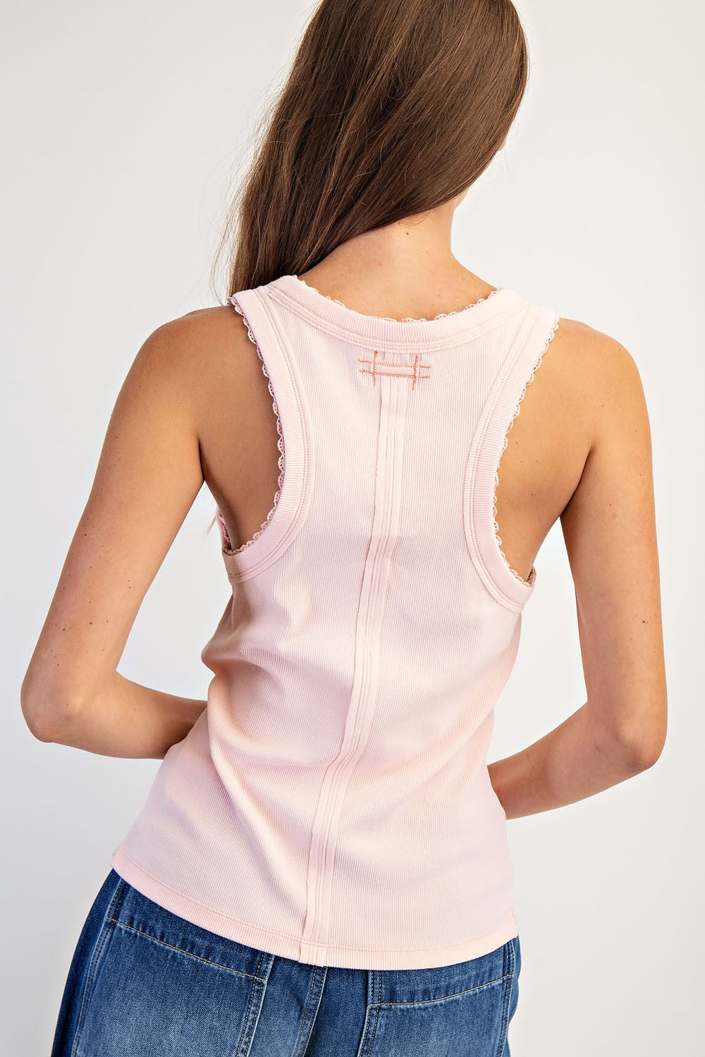 Cotton ribbed tank top with contrast stitching and lace detail