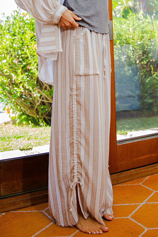 Women's boho cotton gauze wide-leg pants with cinched sides and tie-front waist