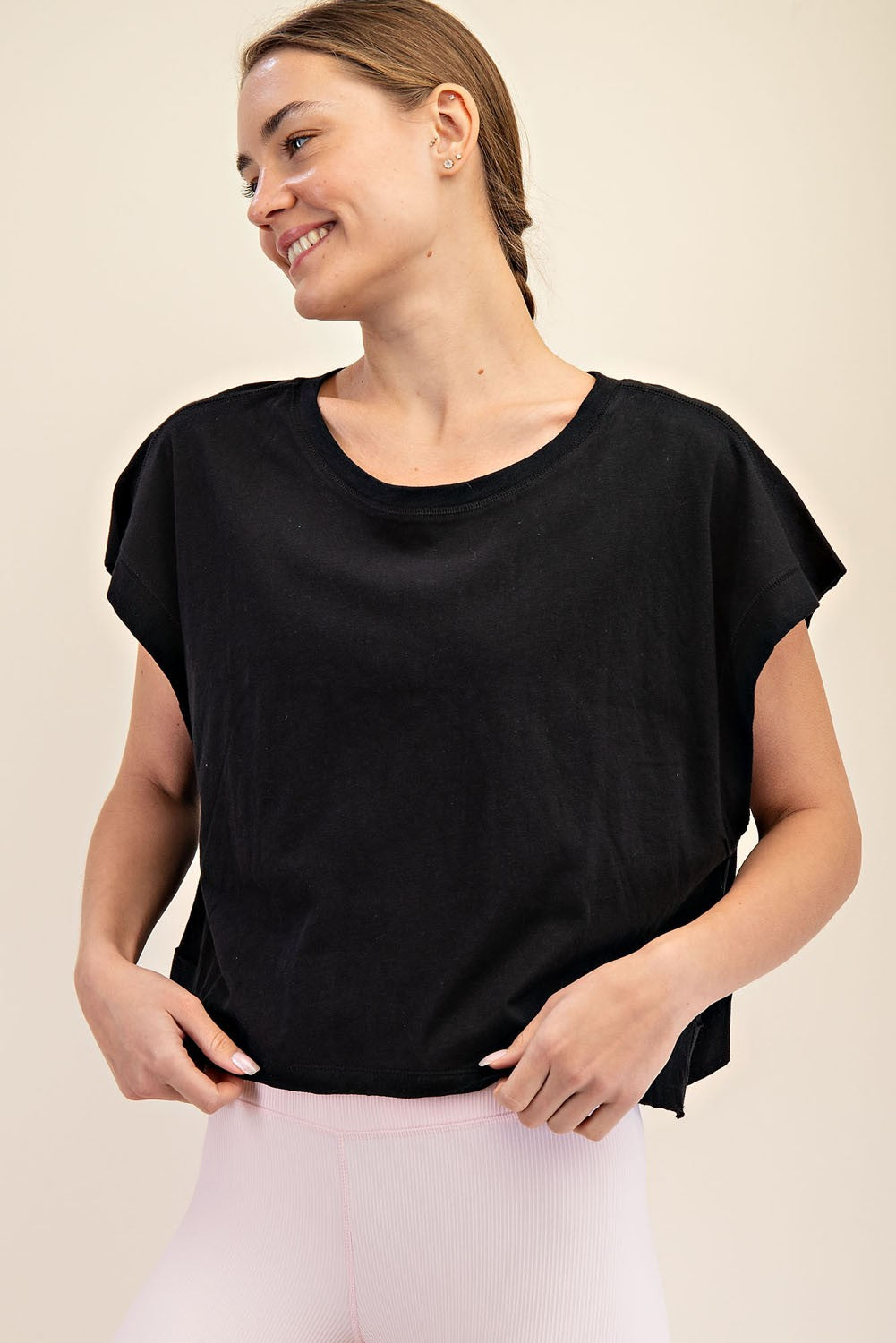 Oversized cotton slub cropped short sleeve top with open back detail