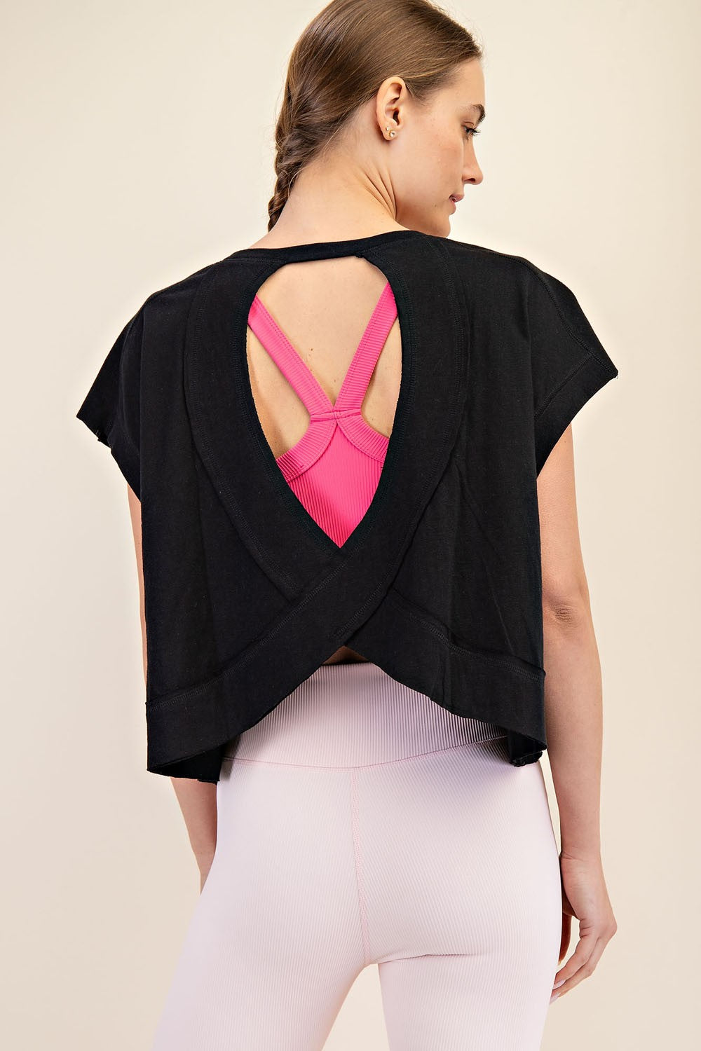 Oversized cotton slub cropped short sleeve top with open back detail