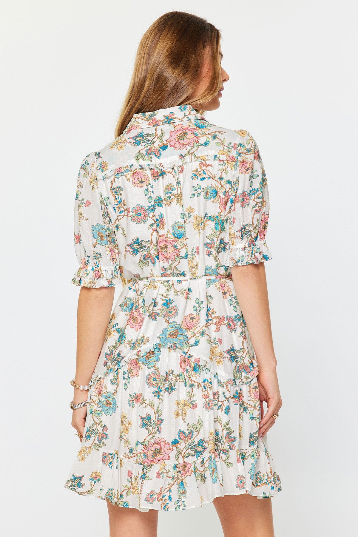 Botanical floral puff sleeve mini dress with tiered hem