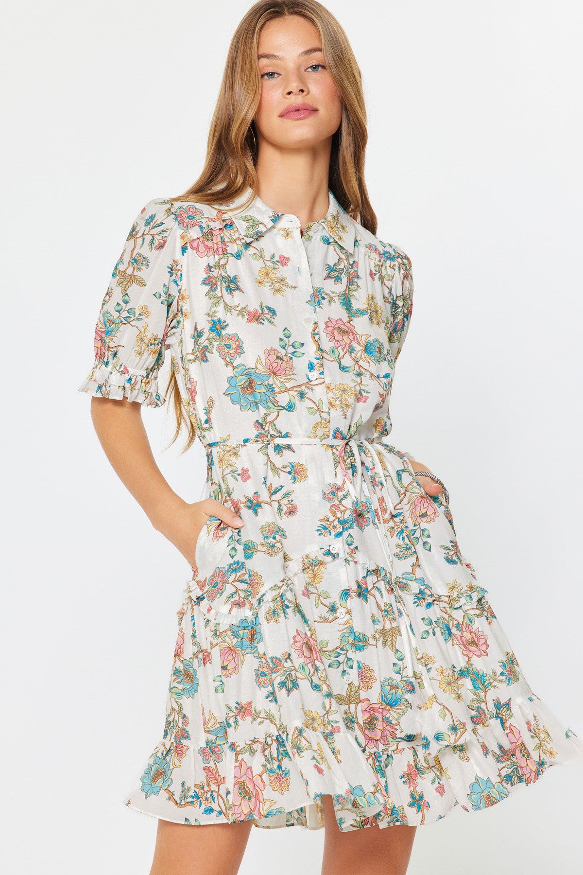 Botanical floral puff sleeve mini dress with tiered hem