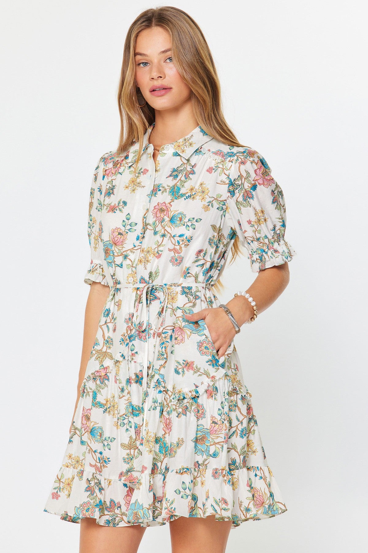 Botanical floral puff sleeve mini dress with tiered hem