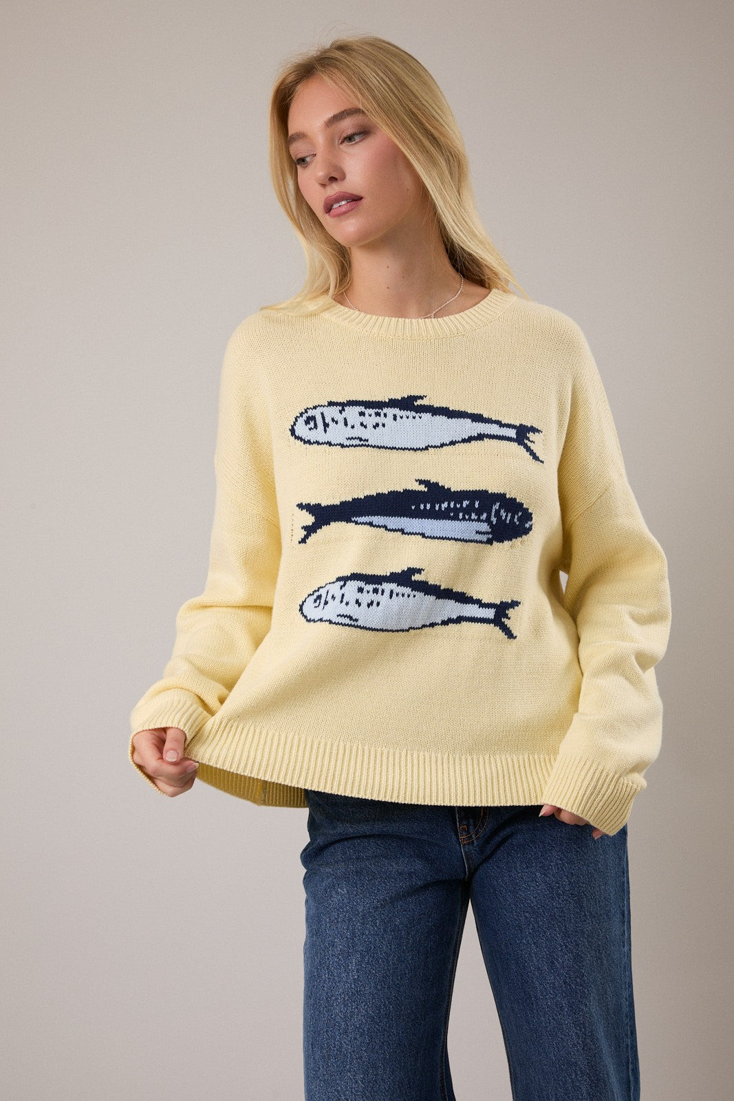 Women’s lightweight graphic knit sweater featuring sardine motif