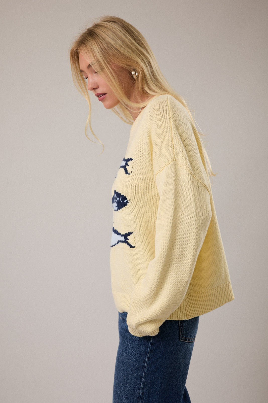 Women’s lightweight graphic knit sweater featuring sardine motif