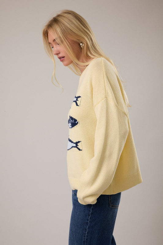 Women’s lightweight graphic knit sweater featuring sardine motif