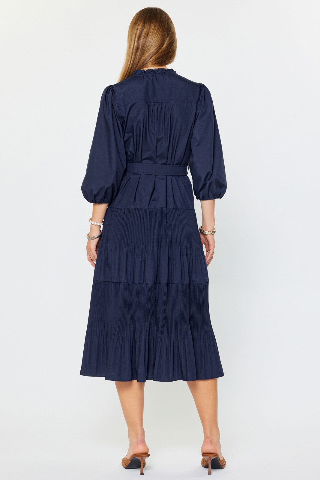 Pleated tiered midi dress with buckle waist belt