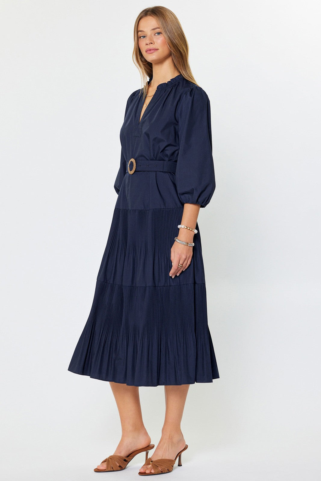 Pleated tiered midi dress with buckle waist belt