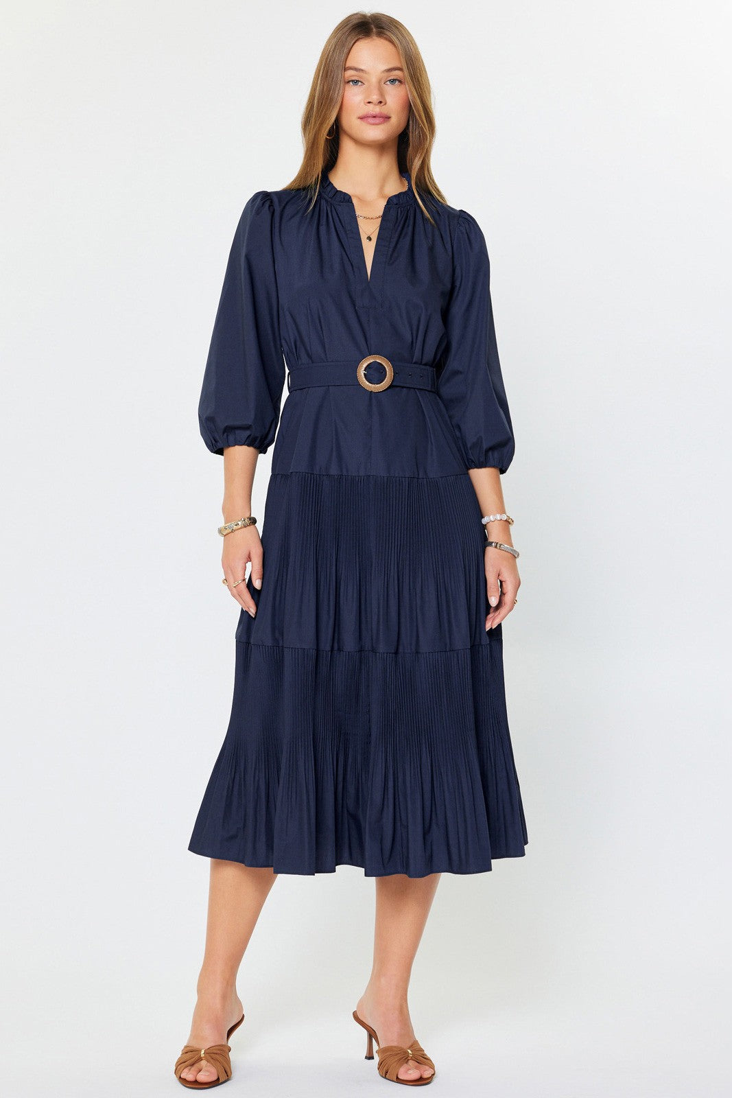 Pleated tiered midi dress with buckle waist belt